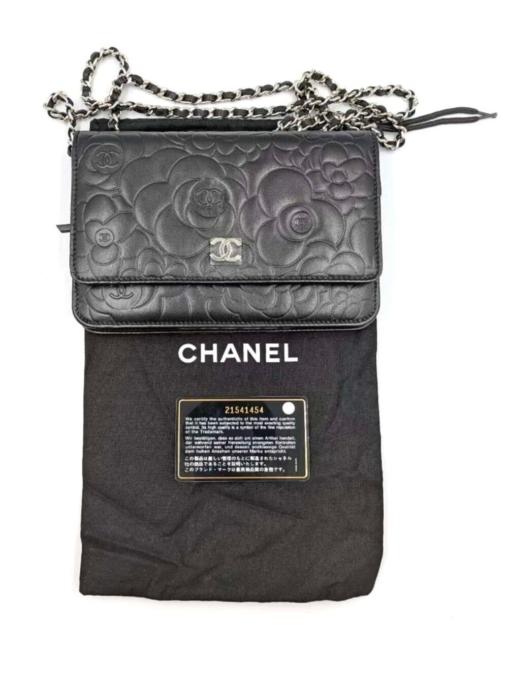 Pre-owned Chanel Camellia Embossed Lambskin Wallet On Chain Black - Picture 12 of 13